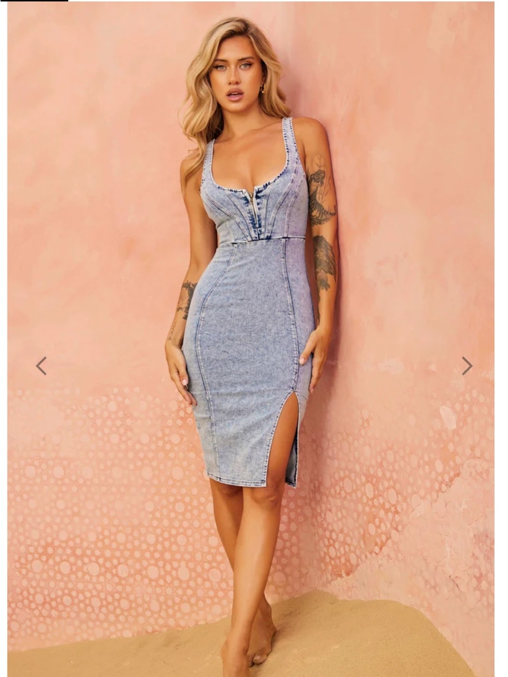 Mermaid Fitted Acid Wash Denim Midi Dress with Front Slit. Medium - Picture 2 of 14